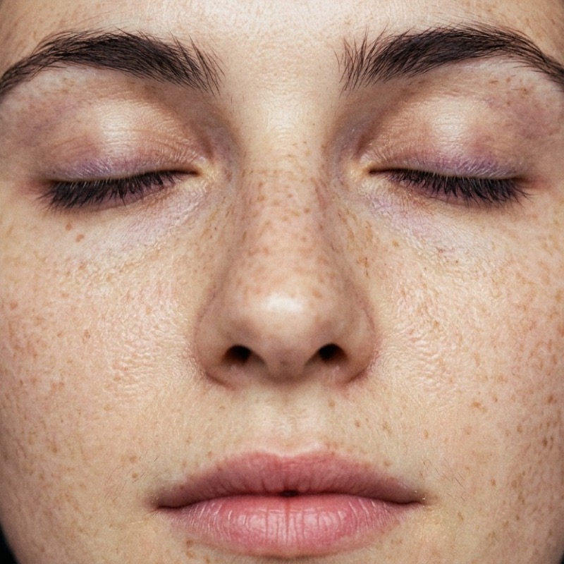 Close-up of a tired face with visible under-eye puffiness