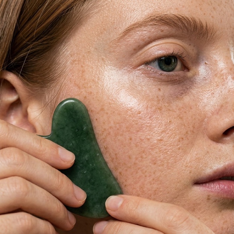 Woman using a jade gua sha tool on her cheek