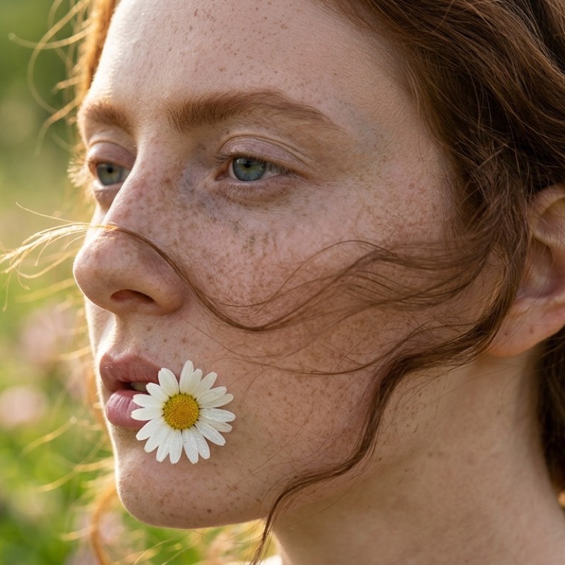 Editorial close-up portrait of a bride-to-be with a daisy at her lips in a wildflower field