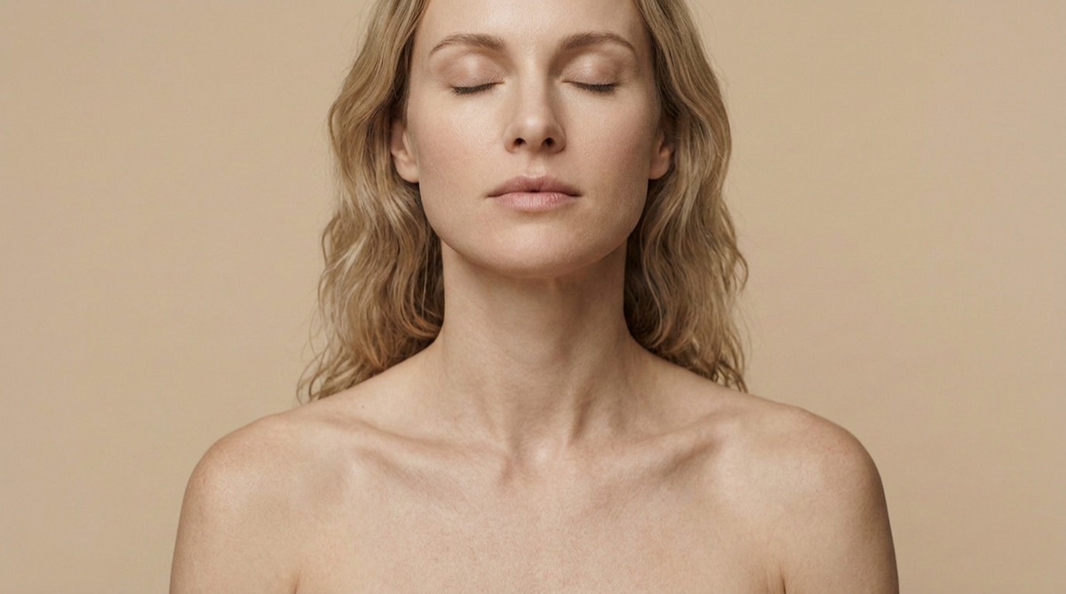 Front-facing portrait with bare shoulders, used to map lymphatic points including the collarbone area